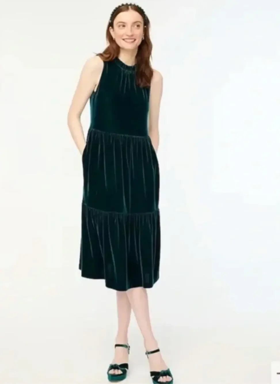 NWT J. Crew Velvet Sleeveless Midi Dress Old Forest Green BV966 Size 8